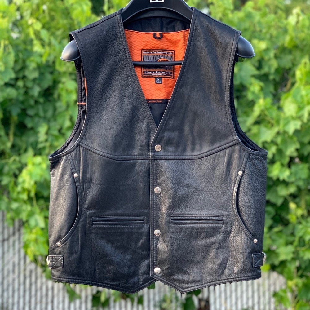 First Classics Black Leather Motorcycle Biker Vest - Men’s Large